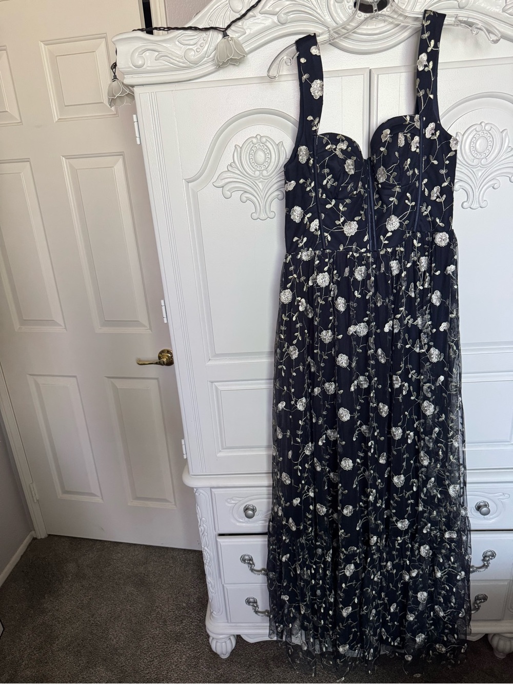 Lulu's Black Maxi Dress with Ivory Floral Embroidery